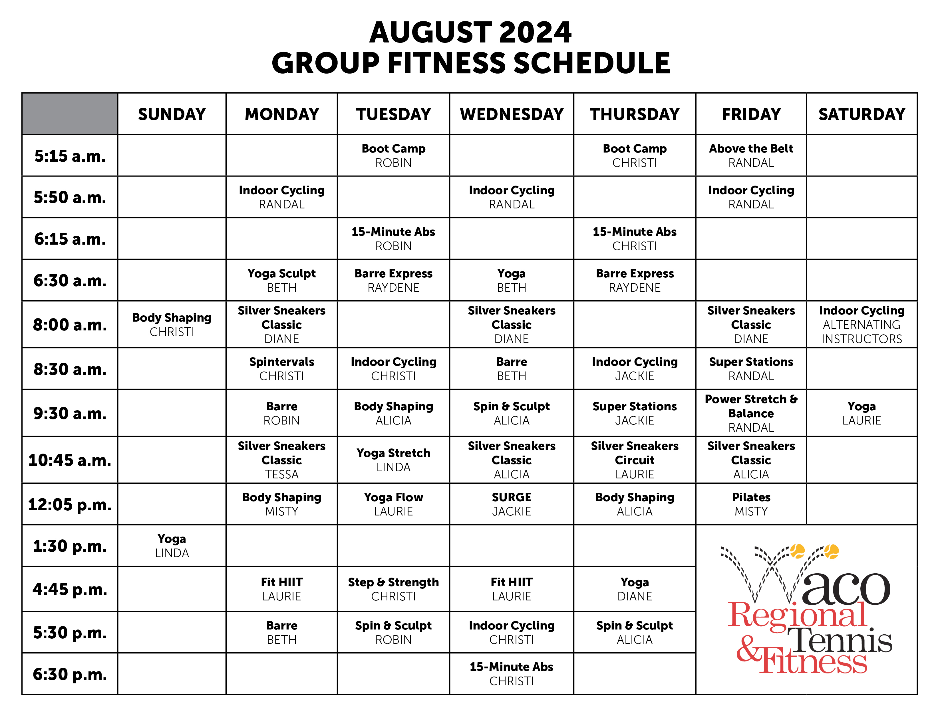 Group Fitness Schedule | Waco Regional Tennis & Fitness